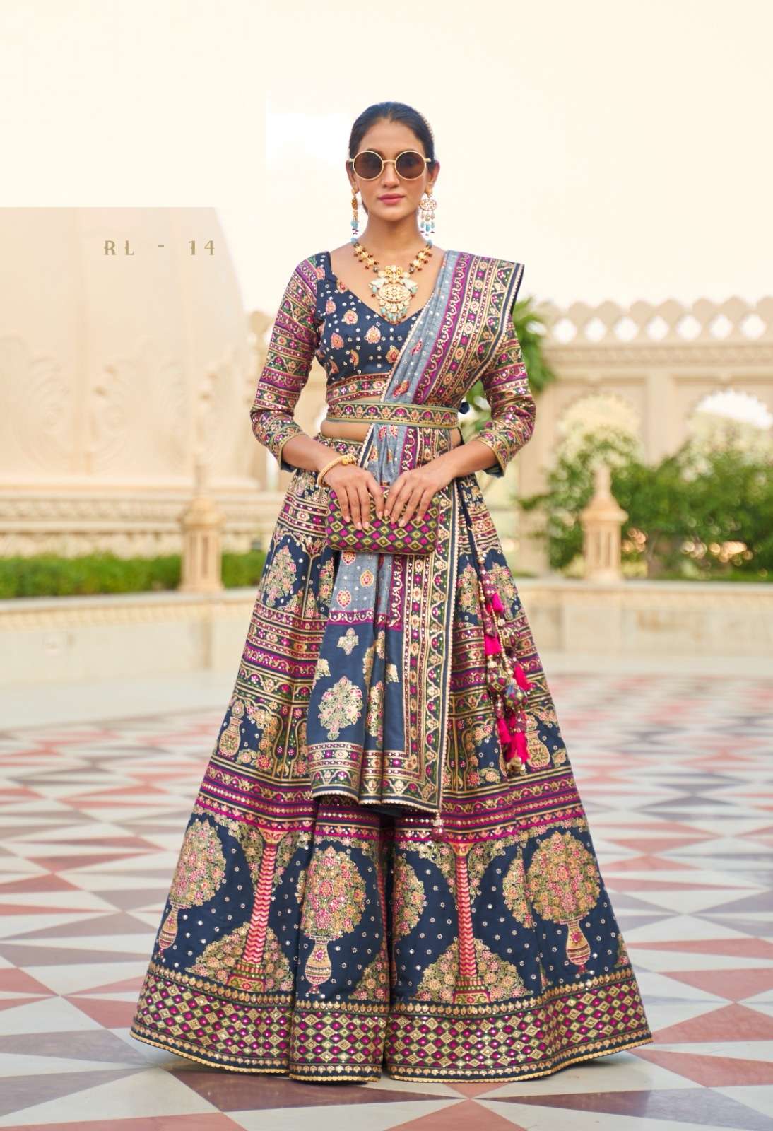 DESIGNER BRIDAL WEDDING PARTY WEAR BLUE RAJWADI SILK LEHENGA CHOLI WITH AARI WORK SM REVAA HASTKALA 14