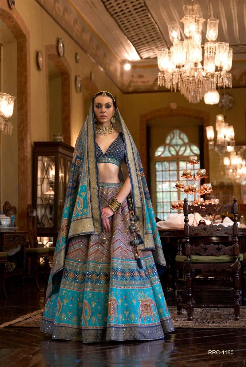 DESIGNER BRIDAL WEDDING PARTY WEAR BLYE RAJWADI SILK LEHENGA CHOLI WITH AARI WORK SM REVAA SHIS MAHAL 1160