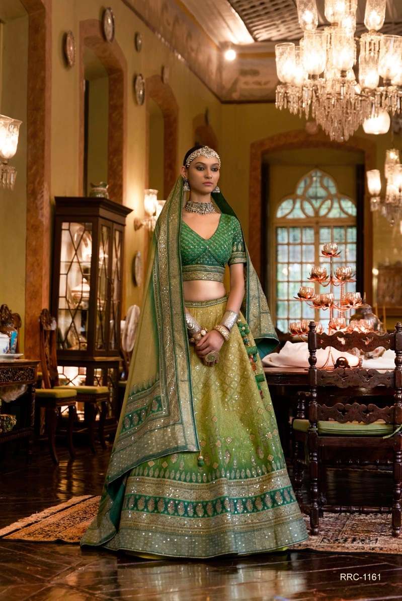 DESIGNER BRIDAL WEDDING PARTY WEAR GREEN RAJWADI SILK LEHENGA CHOLI WITH AARI WORK SM REVAA SHIS MAHAL 1161