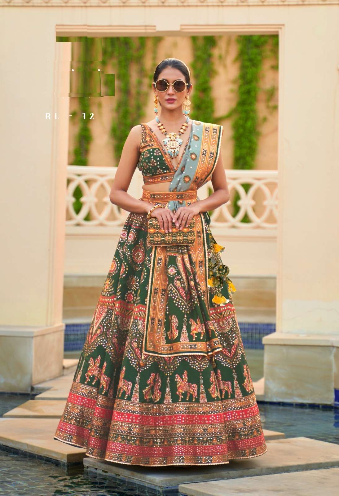 DESIGNER BRIDAL WEDDING PARTY WEAR GREEN RAJWADI SILK LEHENGA CHOLI WITH AARI WORK SM REVAA HASTKALA 12