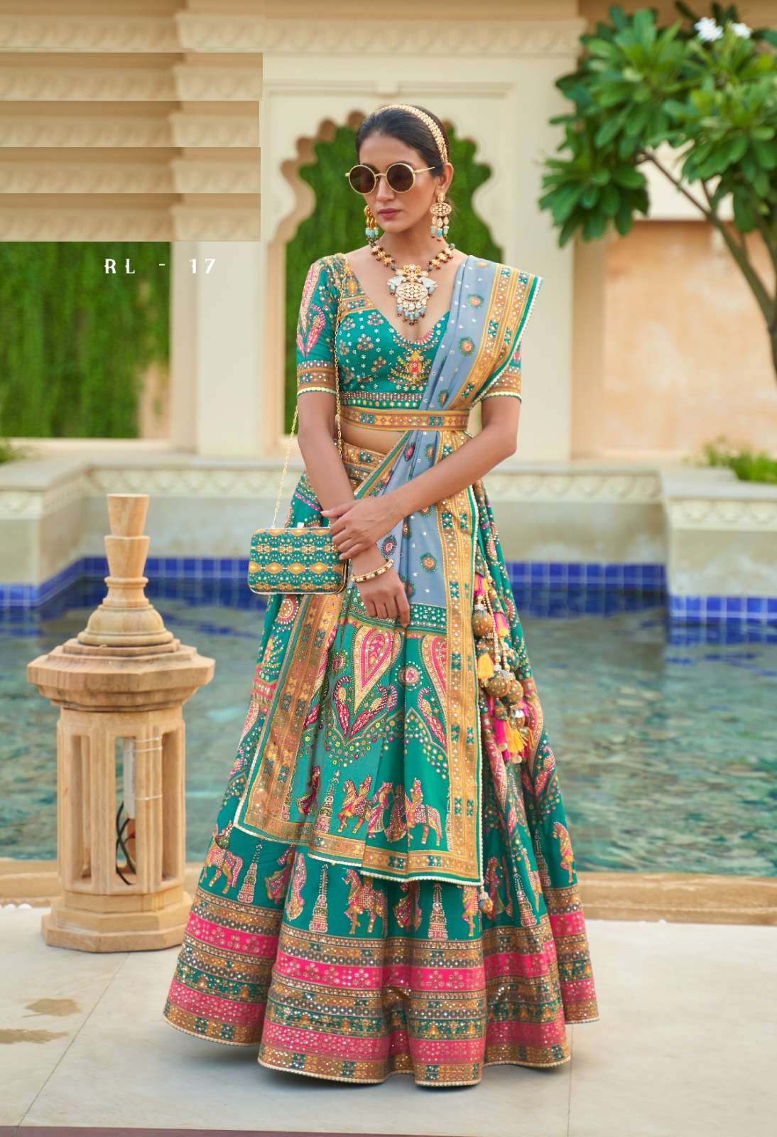 DESIGNER BRIDAL WEDDING PARTY WEAR GREEN RAJWADI SILK LEHENGA CHOLI WITH AARI WORK SM REVAA HASTKALA 17