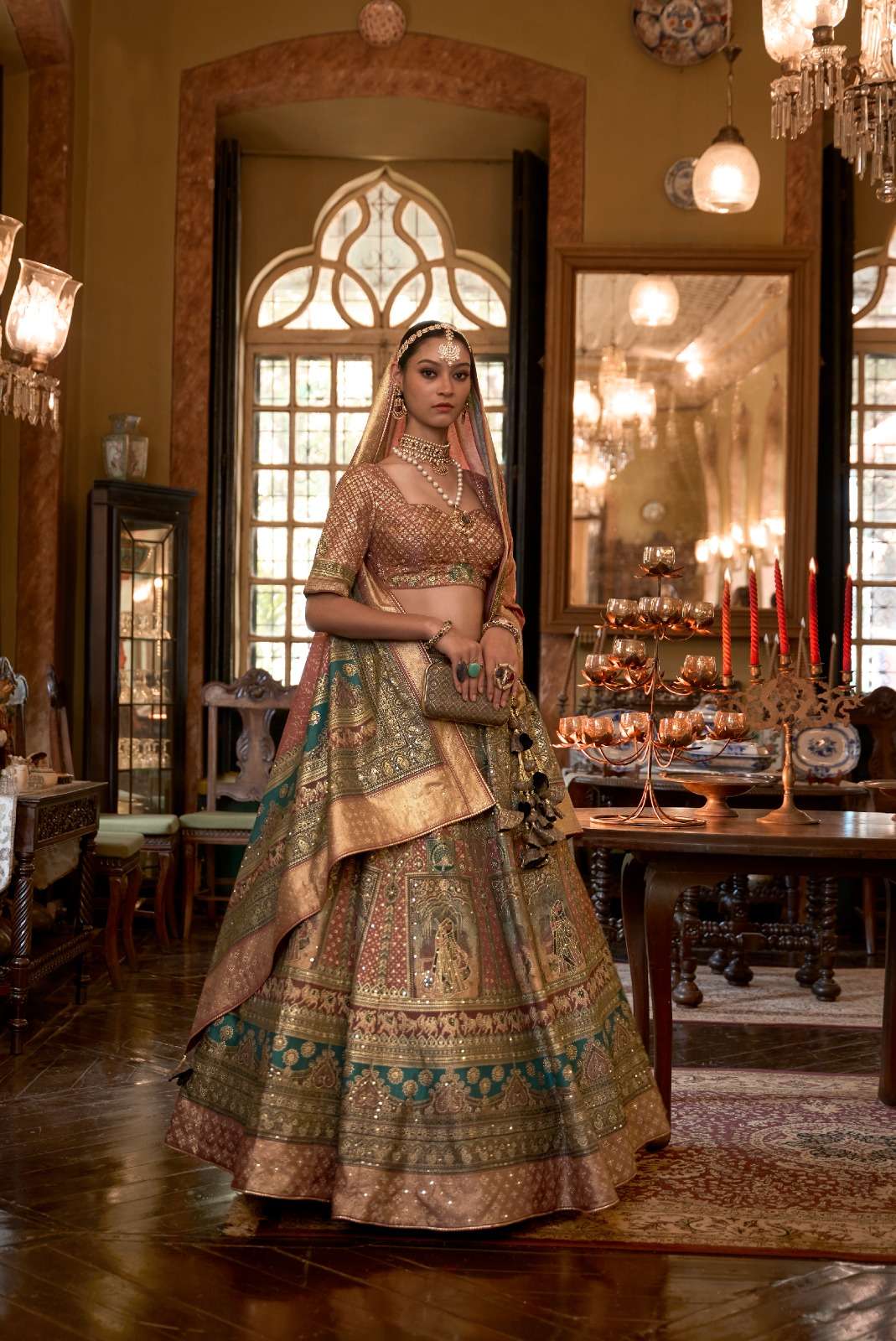 DESIGNER BRIDAL WEDDING PARTY WEAR MULTI COLOR RAJWADI SILK LEHENGA CHOLI WITH AARI WORK SM REVAA RAJ RANI 1167