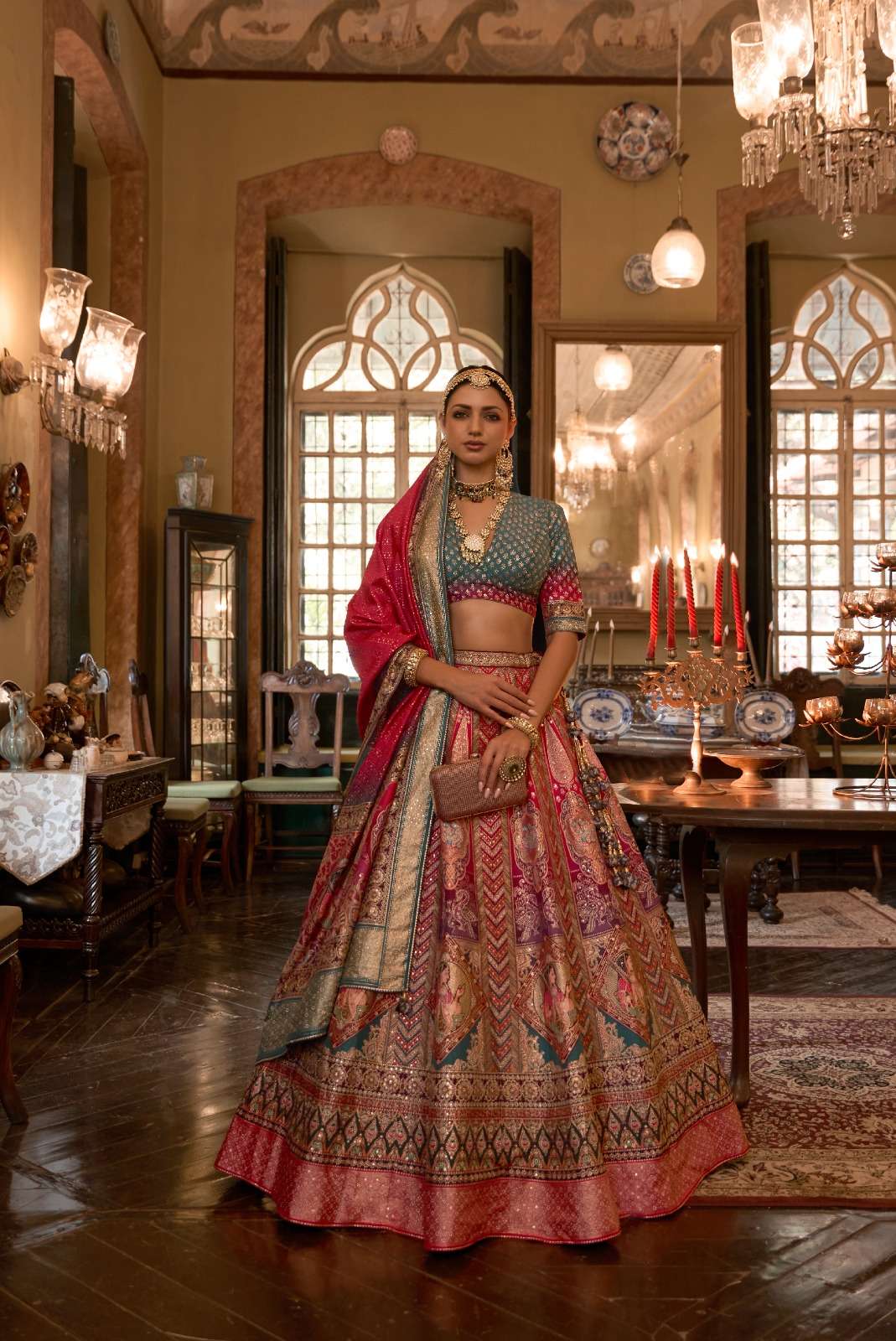 DESIGNER BRIDAL WEDDING PARTY WEAR MULTI COLOR RAJWADI SILK LEHENGA CHOLI WITH AARI WORK SM REVAA RAJ RANI 1170