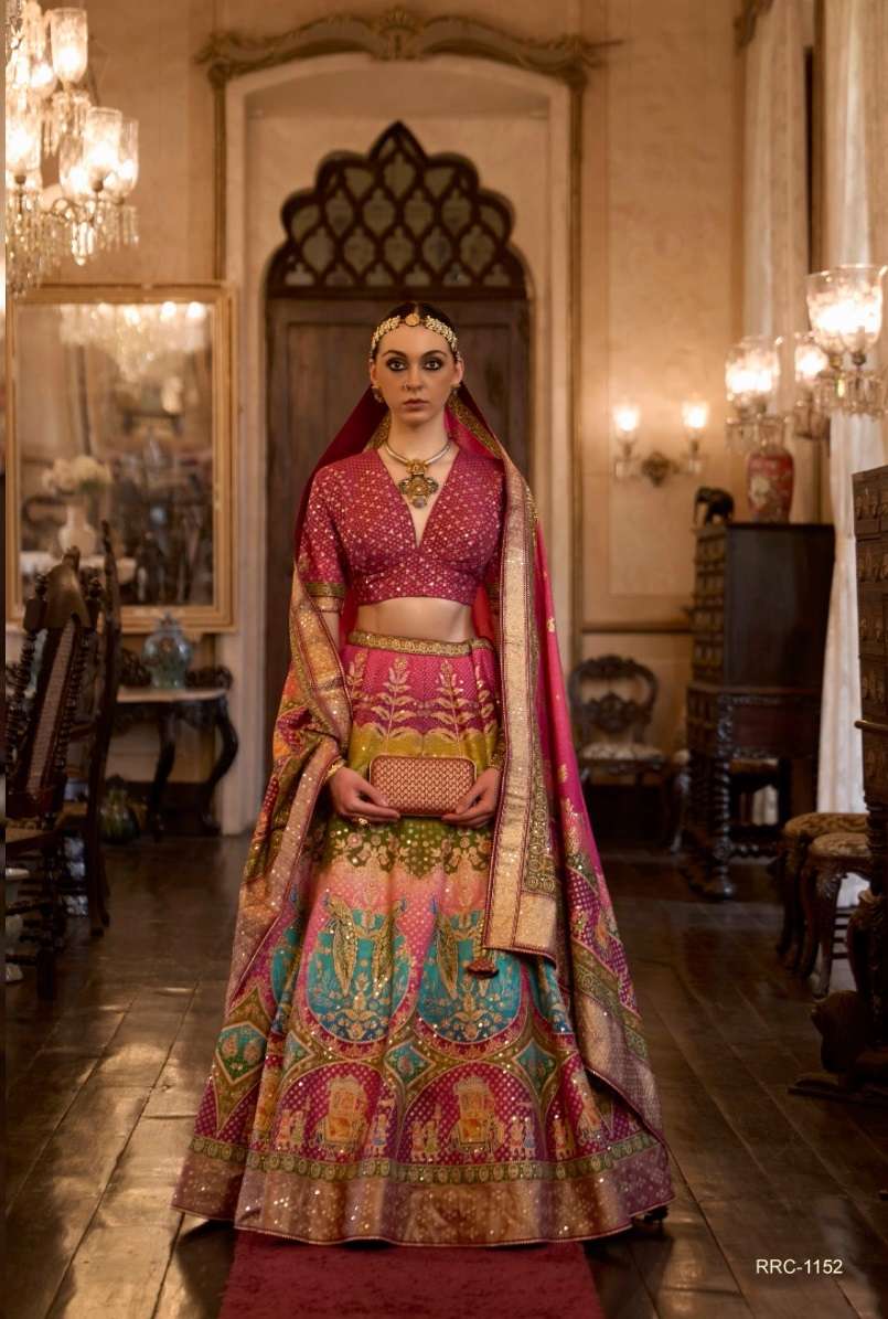 DESIGNER BRIDAL WEDDING PARTY WEAR RAJWADI SILK LEHENGA CHOLI WITH AARI WORK SM REVAA TAJ MAHAL 1152