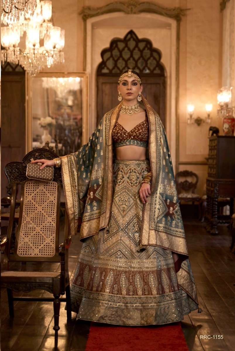 DESIGNER BRIDAL WEDDING PARTY WEAR RAJWADI SILK LEHENGA CHOLI WITH AARI WORK SM REVAA TAJ MAHAL 1155