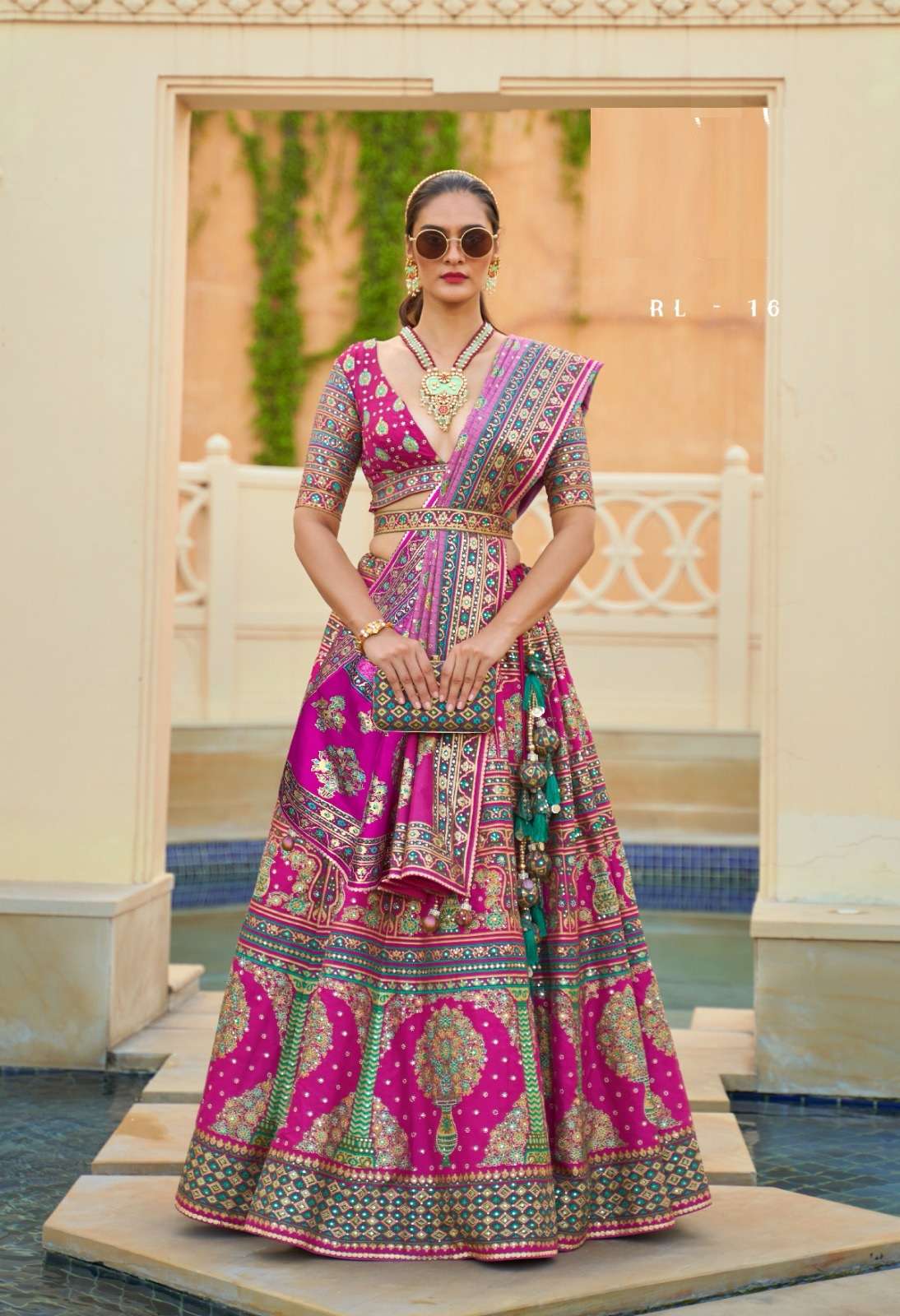 DESIGNER BRIDAL WEDDING PARTY WEAR RANI PINK RAJWADI SILK LEHENGA CHOLI WITH AARI WORK SM REVAA HASTKALA 16