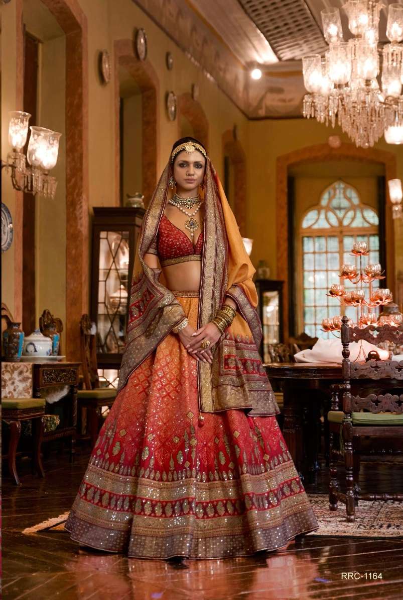 DESIGNER BRIDAL WEDDING PARTY WEAR YELLOW RED RAJWADI SILK LEHENGA CHOLI WITH AARI WORK SM REVAA SHIS MAHAL 1164