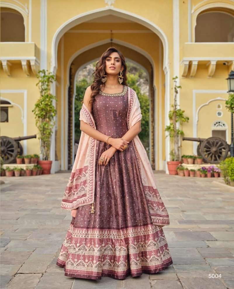 DESIGNER BROWN PATOLA PRINT READY TO WEAR SILK ANARKALI LONG GOWN WITH SILK DUPATTA SM VRST RATRANI 5004