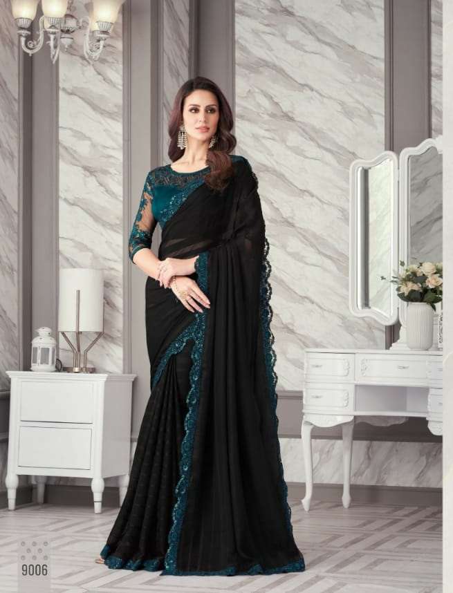 DESIGNER FANCY FABRIC NEW STYLISH BLACK BOLLYWOOD SAREE IN IMPORTED FANCY FABRIC SM ANMOL EXOTIQUE 9006