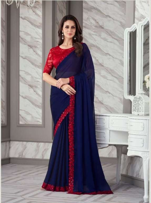 DESIGNER FANCY FABRIC NEW STYLISH BLUE BOLLYWOOD SAREE IN IMPORTED FANCY FABRIC SM ANMOL EXOTIQUE 9003