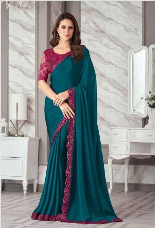 DESIGNER FANCY FABRIC NEW STYLISH BLUE BOLLYWOOD SAREE IN IMPORTED FANCY FABRIC SM ANMOL EXOTIQUE 9014