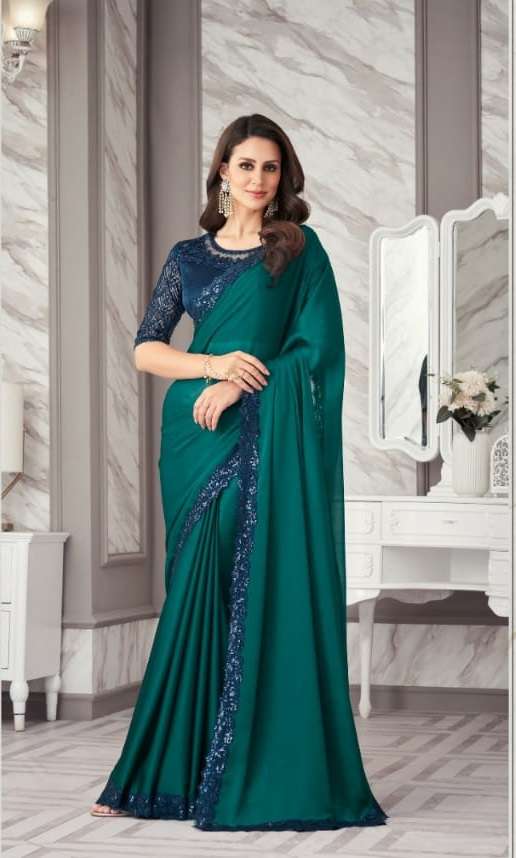 DESIGNER FANCY FABRIC NEW STYLISH GREEN BOLLYWOOD SAREE IN IMPORTED FANCY FABRIC SM ANMOL EXOTIQUE 9016