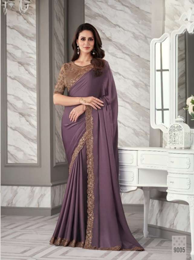 DESIGNER FANCY FABRIC NEW STYLISH LAVENDER BOLLYWOOD SAREE IN IMPORTED FANCY FABRIC SM ANMOL EXOTIQUE 9005