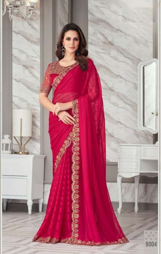 DESIGNER FANCY FABRIC NEW STYLISH RED BOLLYWOOD SAREE IN IMPORTED FANCY FABRIC SM ANMOL EXOTIQUE 9004