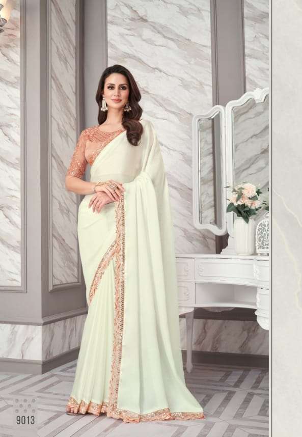 DESIGNER FANCY FABRIC NEW STYLISH WHITE BOLLYWOOD SAREE IN IMPORTED FANCY FABRIC SM ANMOL EXOTIQUE 9013