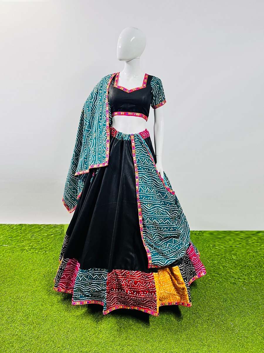 DESIGNER FANCY HEAVY BLACK PURE COTTON NAVRATRI LEHENGA CHOLU CUM GAMTHI COTTON LEHENGA MIRROR WORK CHOLI PC 7040