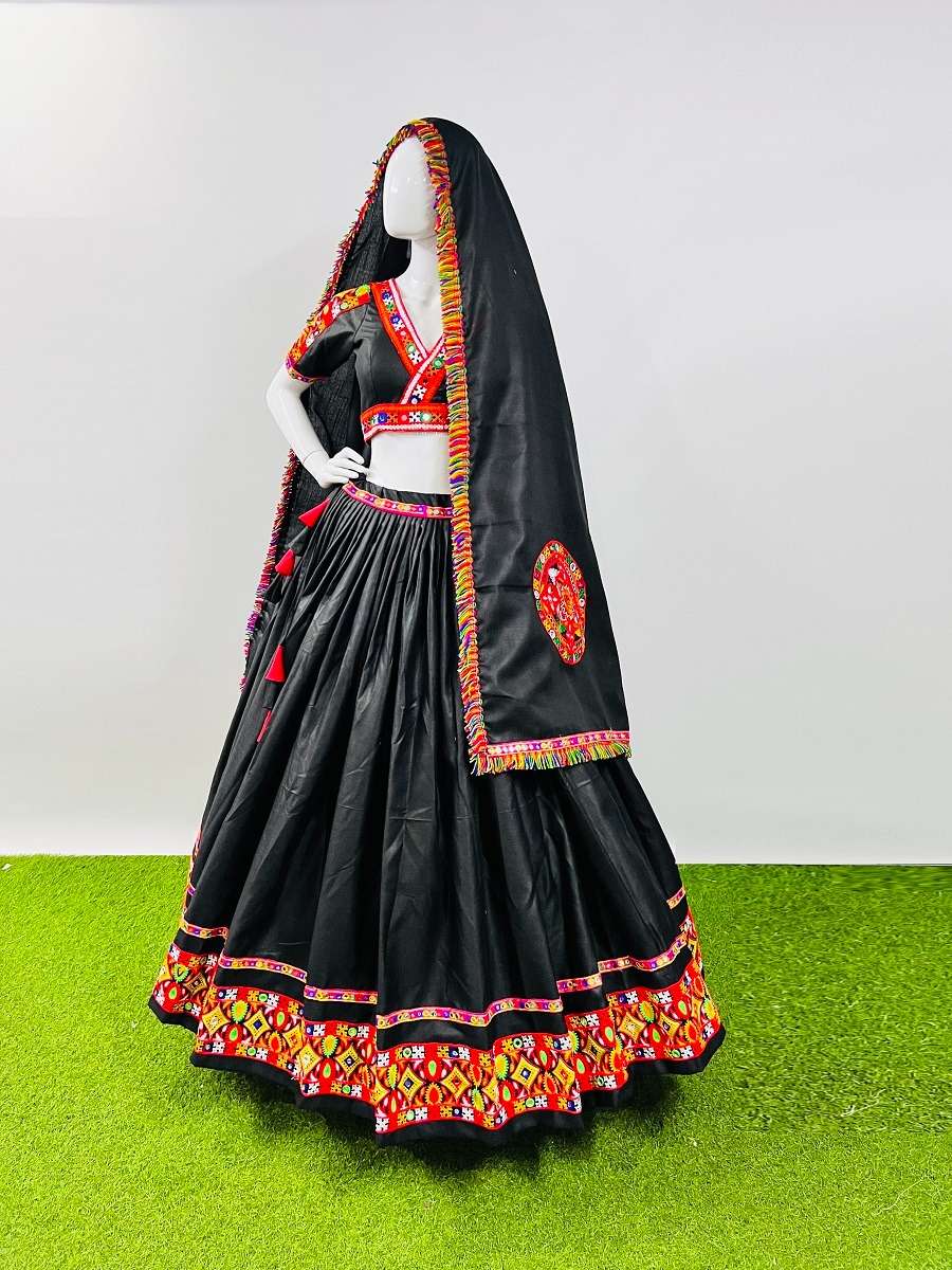 DESIGNER FANCY HEAVY BLACK PURE COTTON NAVRATRI LEHENGA CHOLU CUM GAMTHI COTTON LEHENGA MIRROR WORK CHOLI PC 7044