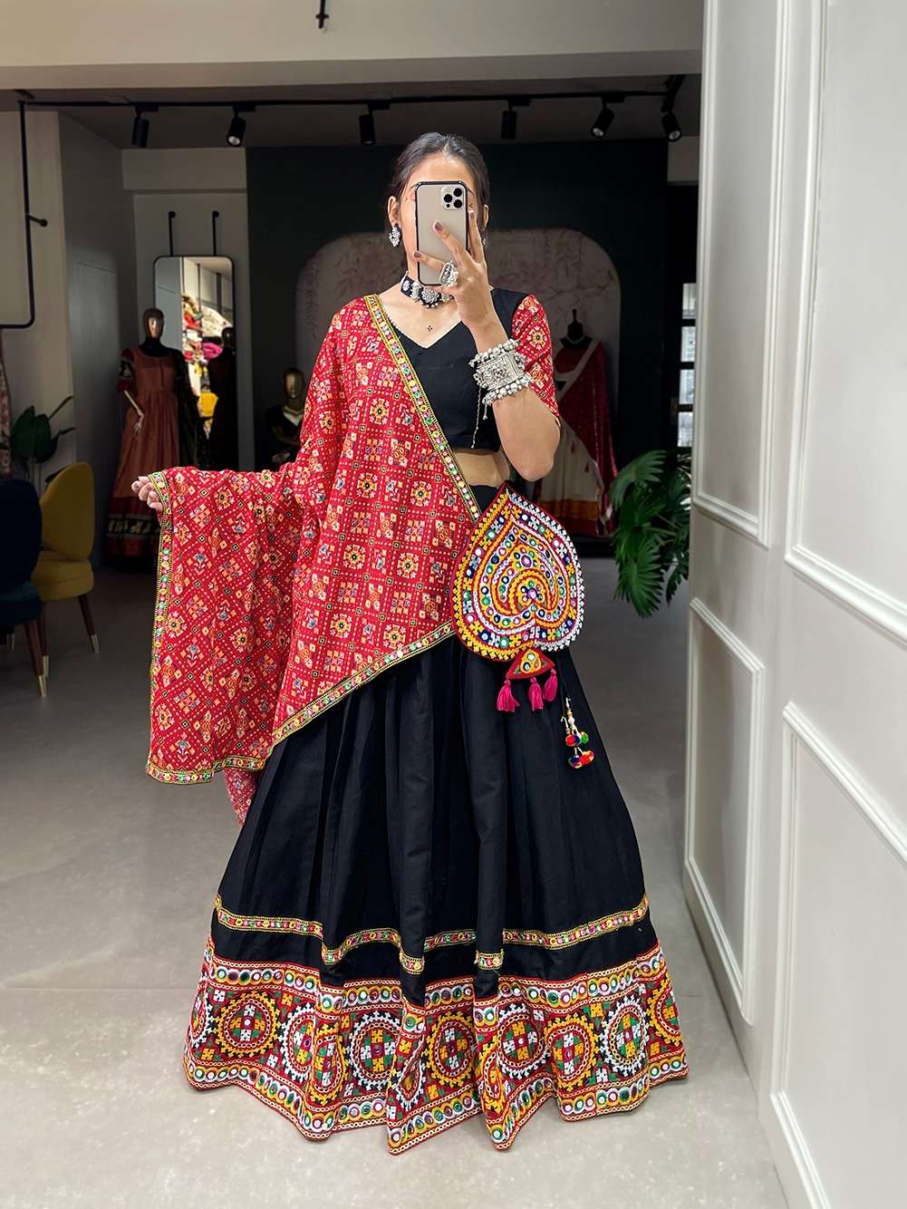 DESIGNER FANCY HEAVY PURE COTTON BLACK NAVRATRI LEHENGA CUM GAMTHI LEHENGA MIRROR WORK CHOLI PC 1055