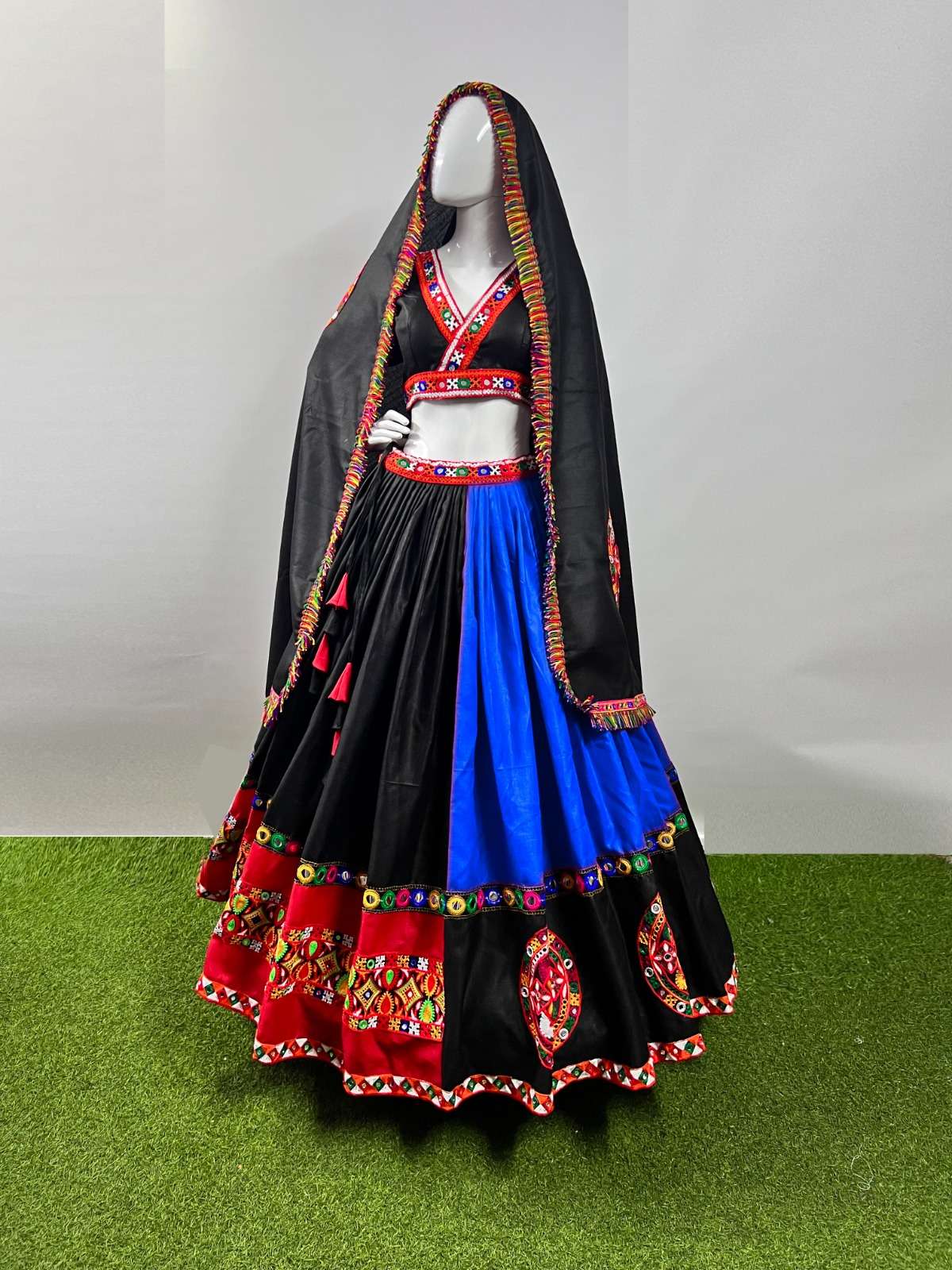 DESIGNER FANCY HEAVY PURE COTTON BLUE NAVRATRI LEHENGA CUM GAMTHI LEHENGA MIRROR WORK CHOLI PC 7043