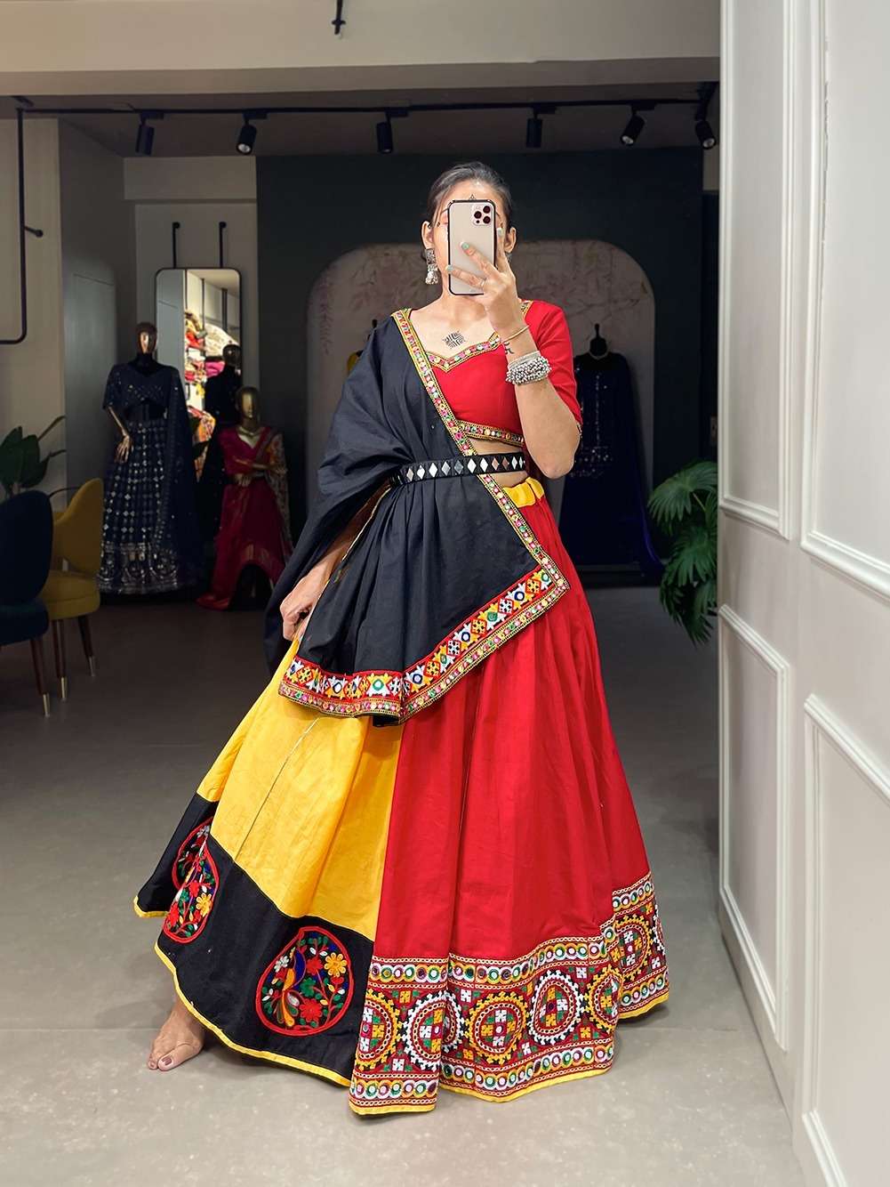 DESIGNER FANCY HEAVY PURE COTTON NAVRATRI LEHENGA CUM GAMTHI LEHENGA MIRROR WORK CHOLI PC 1057