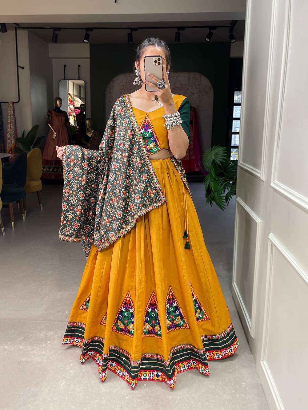 DESIGNER FANCY HEAVY PURE COTTON YELLOW NAVRATRI LEHENGA CUM GAMTHI LEHENGA MIRROR WORK CHOLI PC 1054