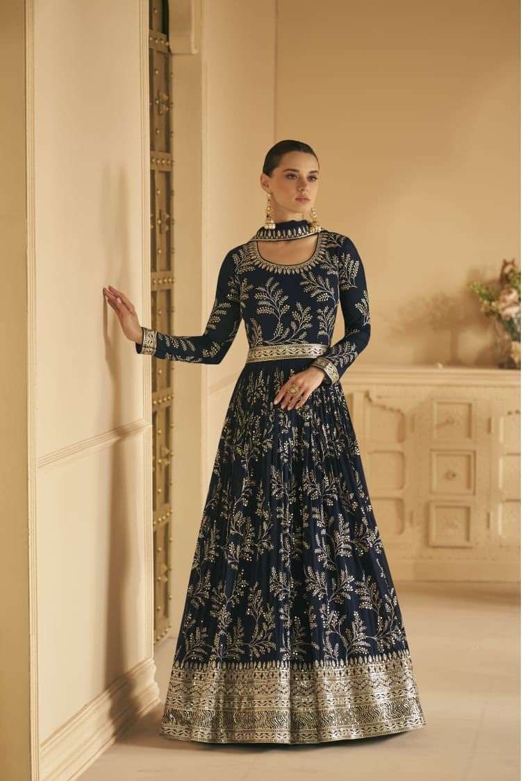 DESIGNER FANCY LONG ANARKALI GEORGETTE BLUE SALWAR SUIT GOWN EXCLUSIVE FOR WEDDING PARTY WEAR AF ALMORA 9658