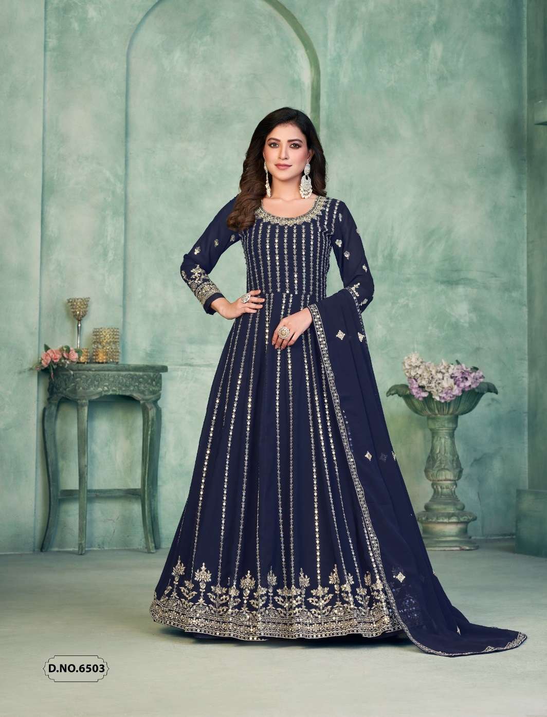 DESIGNER FANCY LONG ANARKALI GEORGETTE BLUE SALWAR SUIT GOWN EXCLUSIVE FOR WEDDING PARTY WEAR ANY 6503