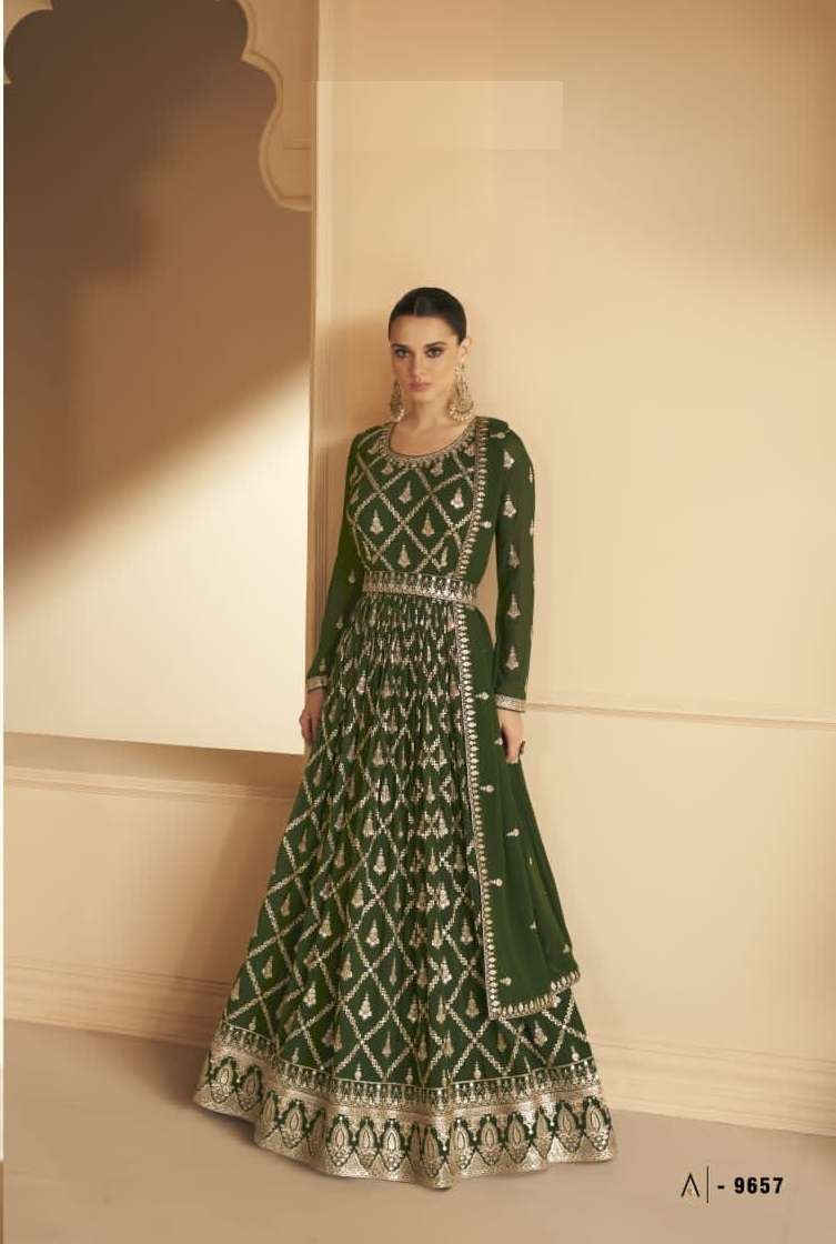 DESIGNER FANCY LONG ANARKALI GEORGETTE GREEN SALWAR SUIT GOWN EXCLUSIVE FOR WEDDING PARTY WEAR AF ALMORA 9657