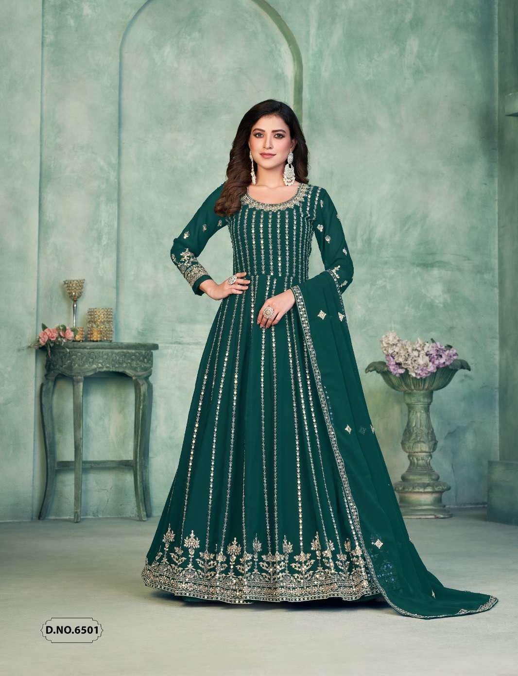 DESIGNER FANCY LONG ANARKALI GEORGETTE GREEN SALWAR SUIT GOWN EXCLUSIVE FOR WEDDING PARTY WEAR ANY 6501