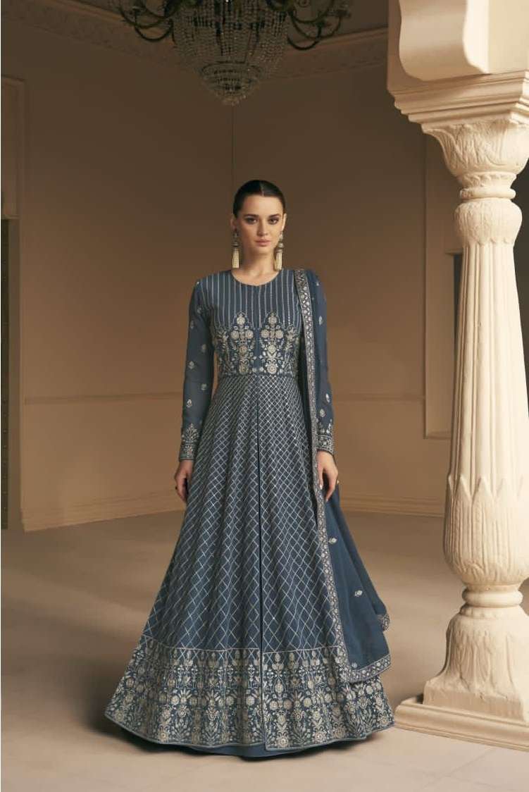 DESIGNER FANCY LONG ANARKALI GEORGETTE GREY SALWAR SUIT GOWN EXCLUSIVE FOR WEDDING PARTY WEAR AF ALMORA 9656