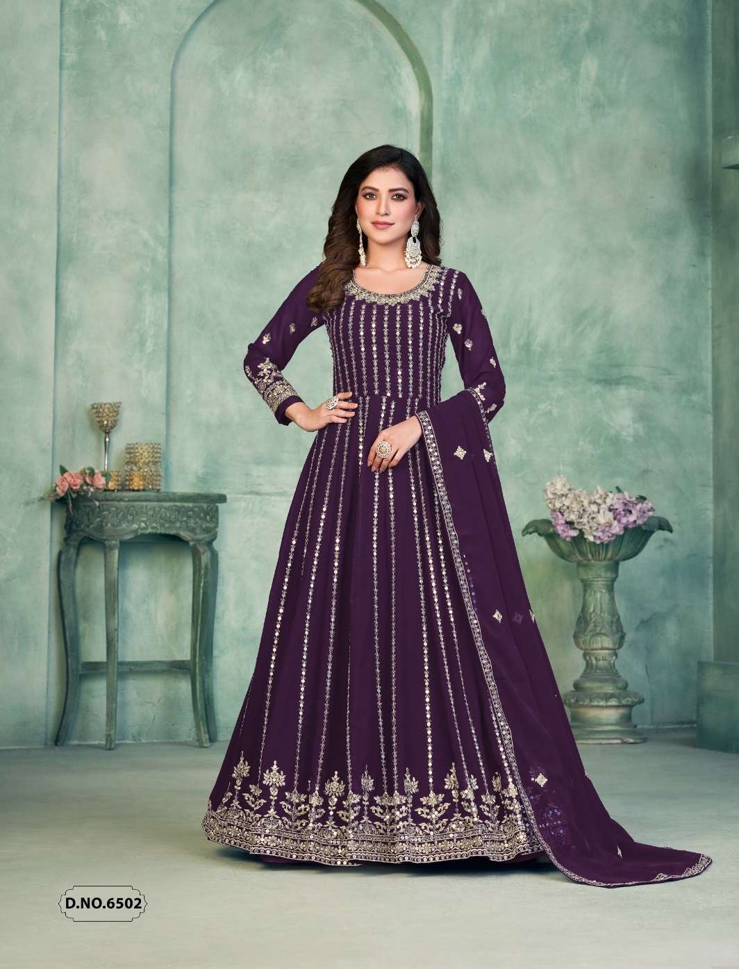 DESIGNER FANCY LONG ANARKALI GEORGETTE WINE SALWAR SUIT GOWN EXCLUSIVE FOR WEDDING PARTY WEAR ANY 6502