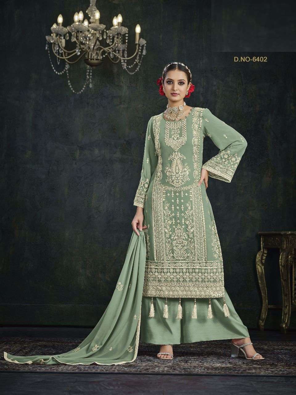 DESIGNER FANCY PARTY WEAR GREEN FAUX GEORGETTE PLAZZO SALWAR SUIT ANY 6402