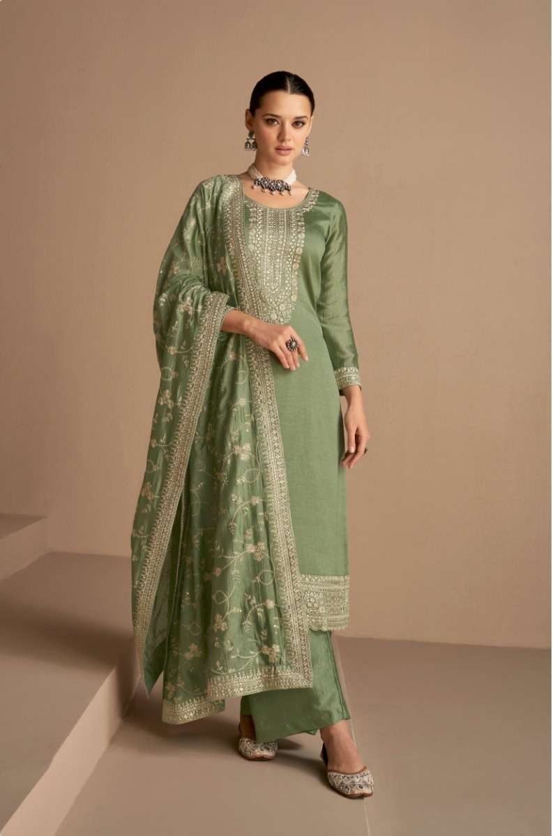 DESIGNER FANCY PARTY WEAR GREEN PREMIUM SILK STRAIGHT SALWAR SUIT RH AF DHAGA 9526