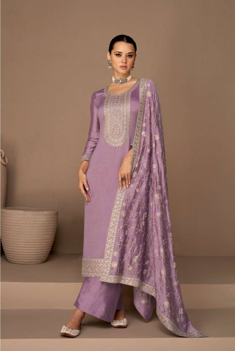 DESIGNER FANCY PARTY WEAR LAVENDER PREMIUM SILK STRAIGHT SALWAR SUIT RH AF DHAGA 9525