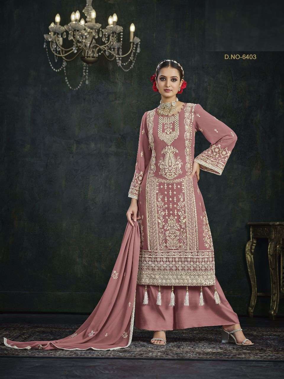 DESIGNER FANCY PARTY WEAR PEACE FAUX GEORGETTE PLAZZO SALWAR SUIT ANY 6403