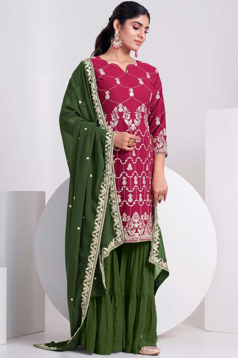 DESIGNER FANCY PARTY WEAR PINK GREEN SHARARA PALAZZO REAL GEORGETTE SALWAR SUIT AHVN PARADISE 6101