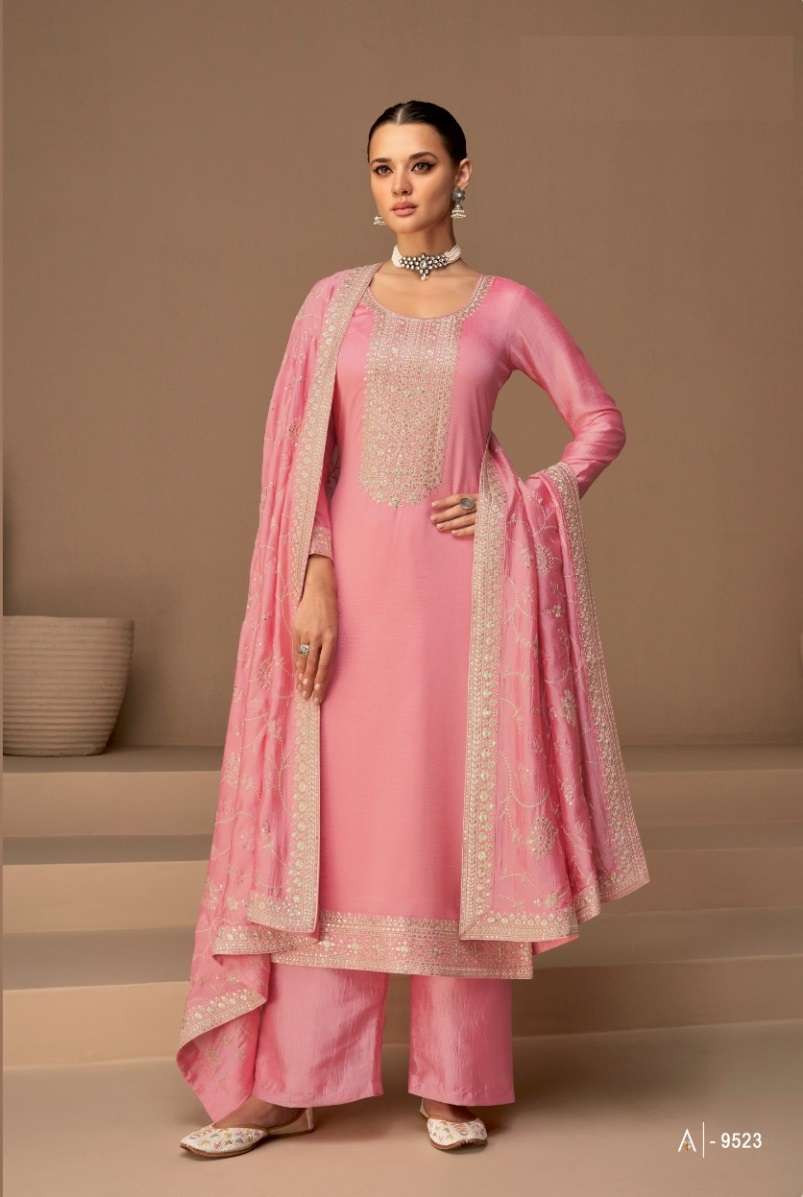 DESIGNER FANCY PARTY WEAR PINK PREMIUM SILK STRAIGHT SALWAR SUIT RH AF DHAGA 9523