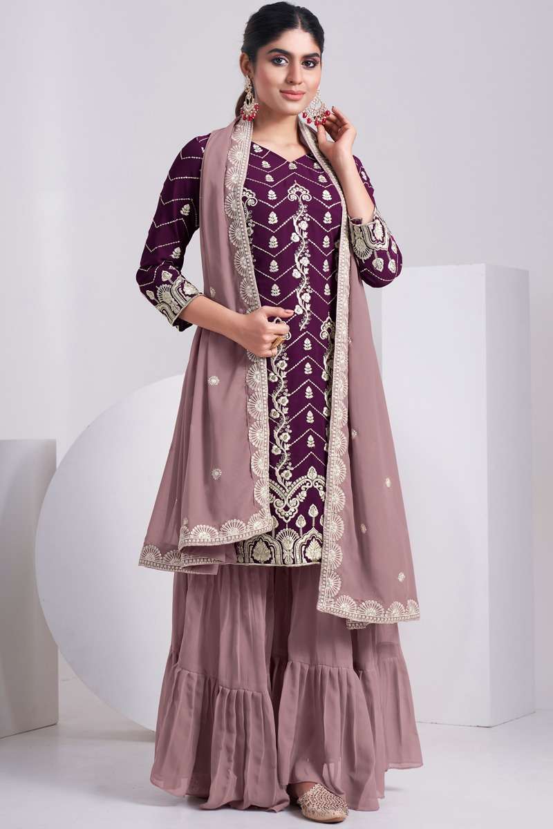 DESIGNER FANCY PARTY WEAR PURPLE SHARARA PALAZZO REAL GEORGETTE SALWAR SUIT AHVN PARADISE 6103