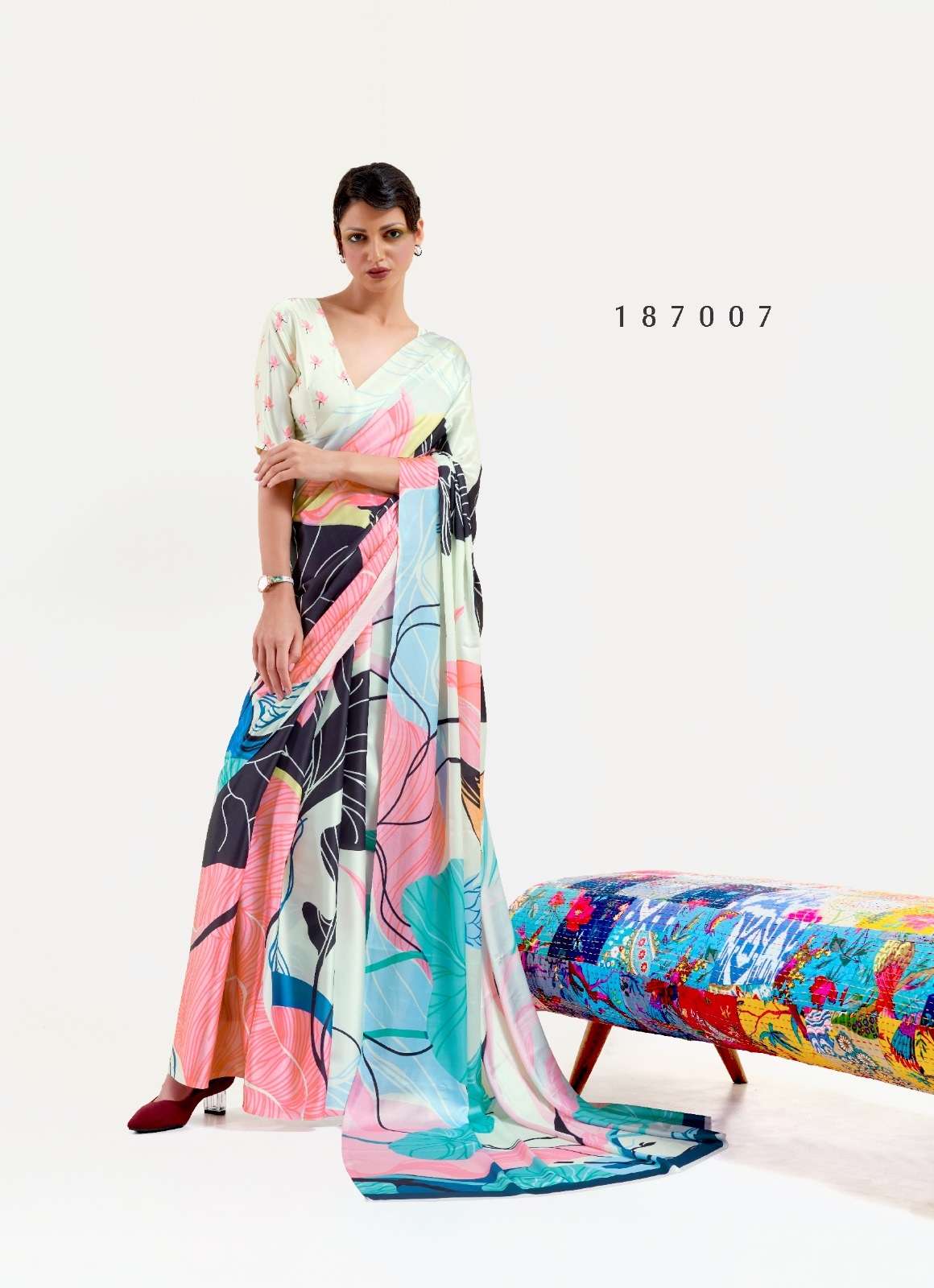 DESIGNER FANCY PARTY WEAR SATIN CRAPE MULTI COLOR SAREE SM RJ KAZO DIGITAL 187007