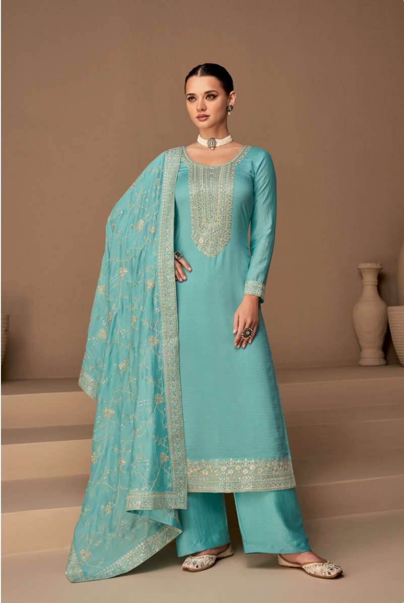 DESIGNER FANCY PARTY WEAR SKY BLUE PREMIUM SILK STRAIGHT SALWAR SUIT RH AF DHAGA 9522