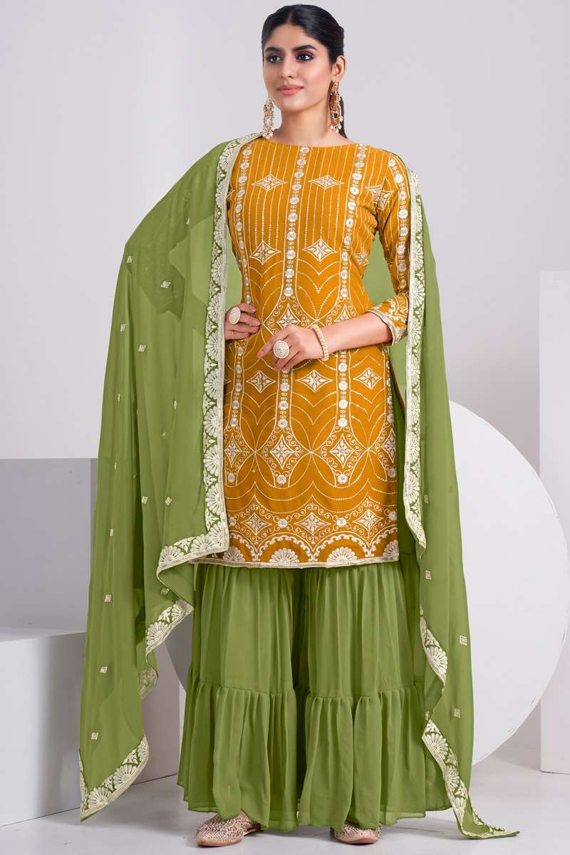 DESIGNER FANCY PARTY WEAR YELLOW GREEN SHARARA PALAZZO REAL GEORGETTE SALWAR SUIT AHVN PARADISE 6104