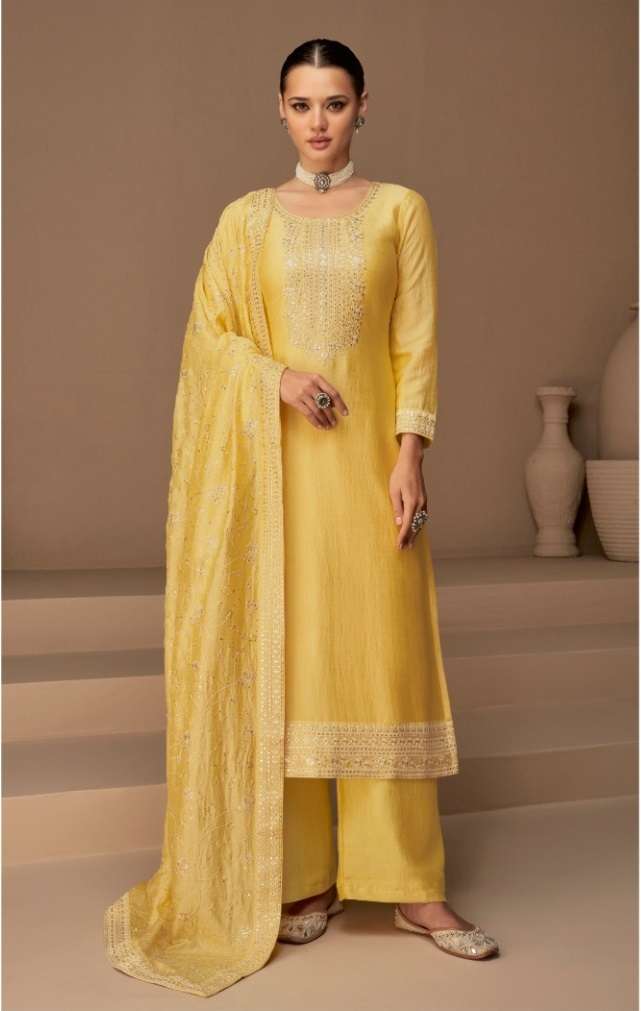 DESIGNER FANCY PARTY WEAR YELLOW PREMIUM SILK STRAIGHT SALWAR SUIT RH AF DHAGA 9524