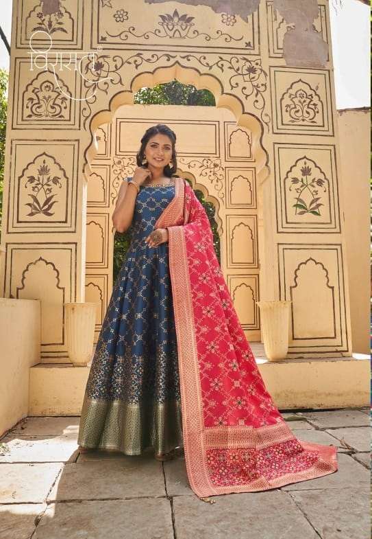 DESIGNER FANCY READYMADE JAQUARD BLUE SILK GOWN EXCLUSIVE FOR PARTY WEAR DST VIRAST BANARASIYA 1007