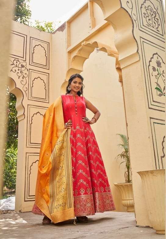 DESIGNER FANCY READYMADE JAQUARD RED SILK GOWN EXCLUSIVE FOR PARTY WEAR DST VIRAST BANARASIYA 1006