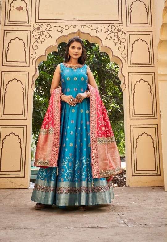 DESIGNER FANCY READYMADE JAQUARD SKY BLUE SILK GOWN EXCLUSIVE FOR PARTY WEAR DST VIRAST BANARASIYA 1009