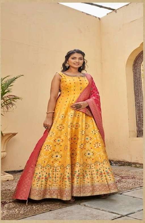 DESIGNER FANCY READYMADE JAQUARD YELLOW SILK GOWN EXCLUSIVE FOR PARTY WEAR DST VIRAST BANARASIYA 1010