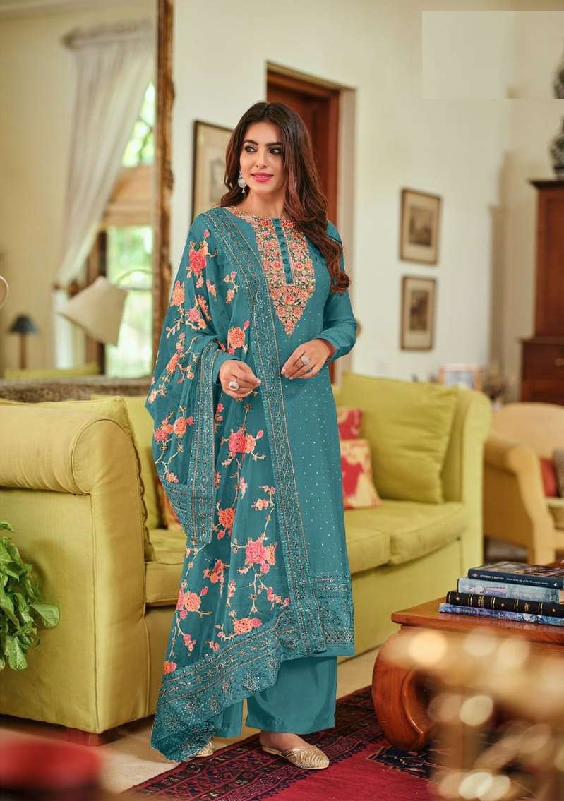 DESIGNER FANCY WEDDING PARTY FESTIVAL WEAR BLUE VISCOSE SILK SALWAR SUIT EBA NAYRA 1373