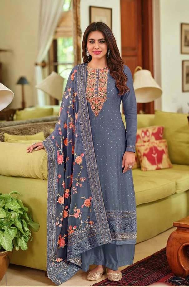 DESIGNER FANCY WEDDING PARTY FESTIVAL WEAR GREY VISCOSE SILK SALWAR SUIT EBA NAYRA 1374A