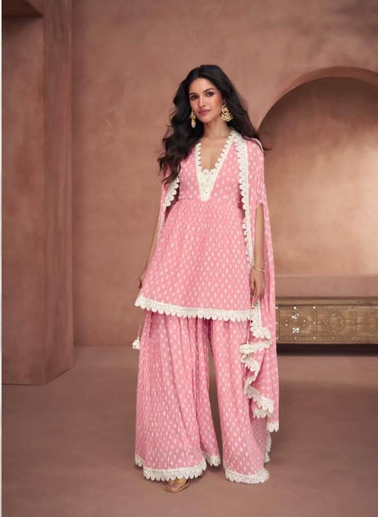 DESIGNER FANCY WEDDING PARTY FESTIVAL WEAR PINK REAL GEORGETTE READY TO WEAR SHARARA SALWAR SUIT SAYURI SEERAT 5289