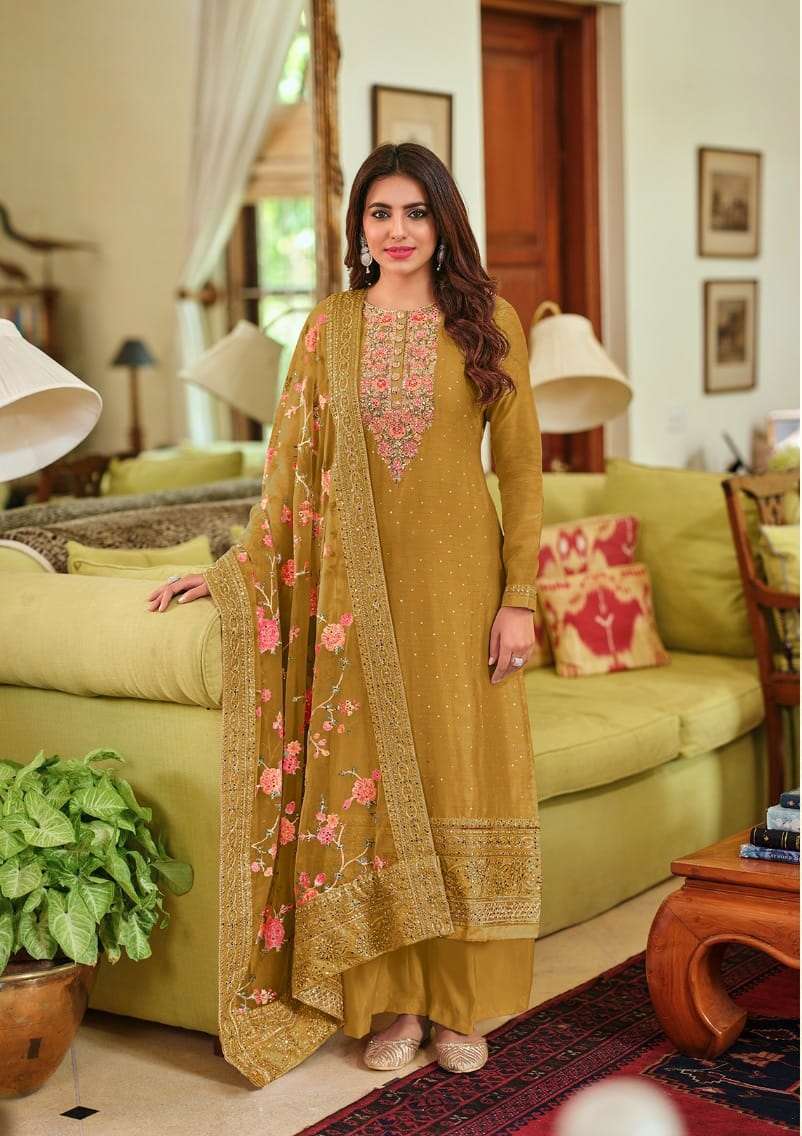 DESIGNER FANCY WEDDING PARTY FESTIVAL WEAR YELLOW VISCOSE SILK SALWAR SUIT EBA NAYRA 1372